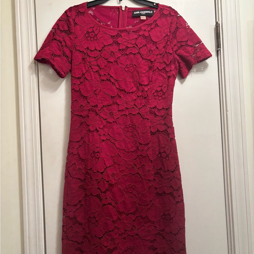 Karl Lagerfeld Burgundy Floral Lace Midi Dress